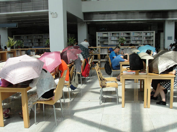 圖書館內(nèi)撐傘讀書的民眾。