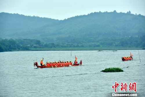 資料圖：江南水鄉端午節前龍舟“發船” 祈風調雨順。龍舟在湖中辟波斬浪。　萬朝暉 攝