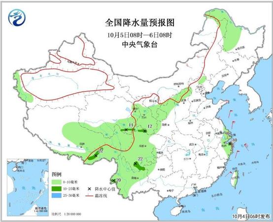 圖3 全國(guó)降水量預(yù)報(bào)圖（10月5日08時(shí)-6日08時(shí)）