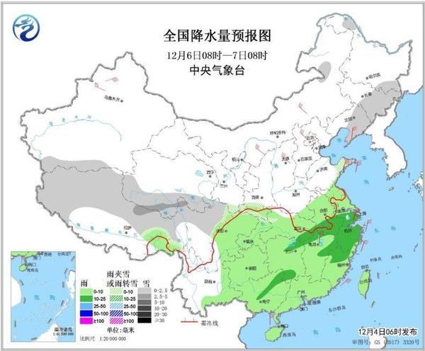 圖3 全國降水量預報圖(12月6日08時-7日08時)