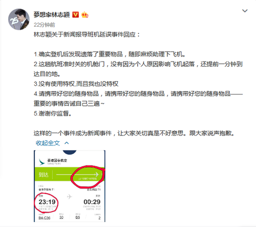 林志穎被曝因私人原因耽誤飛機行程 本人發文澄清