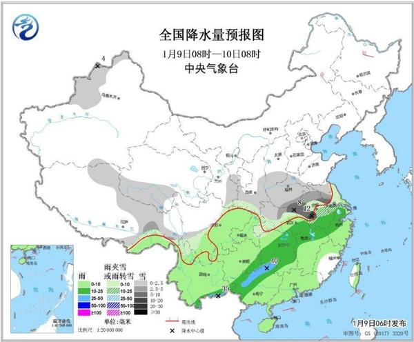 圖2 全國降水量預報圖(1月9日08時-10日08時)