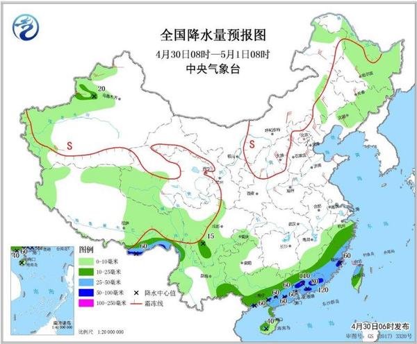 圖3 全國(guó)降水量預(yù)報(bào)圖(4月30日08時(shí)-5月1日08時(shí))