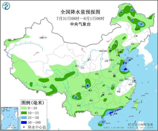 圖1 全國(guó)降水量預(yù)報(bào)圖（7月31日08時(shí)-8月1日08時(shí)）