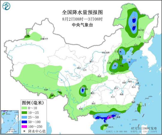 圖3 全國(guó)降水量預(yù)報(bào)圖（8月2日08時(shí)-3日08時(shí)）